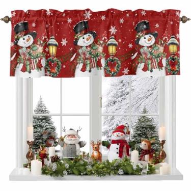 Imagem de Cortina de boneco de neve de Natal para janelas, lindo boneco de neve sorridente de Natal, floco de neve, guirlanda verde, sanefa vermelha, bolso para varão, tratamentos de janela, cortinas curtas