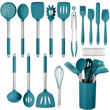 Imagem de HaWare Conjunto de utensílios de cozinha de silicone com 29 peças, resistente ao calor, com alça de aço inoxidável, conjuntos de espátulas com suporte e ganchos, utensílios de cozinha para panelas