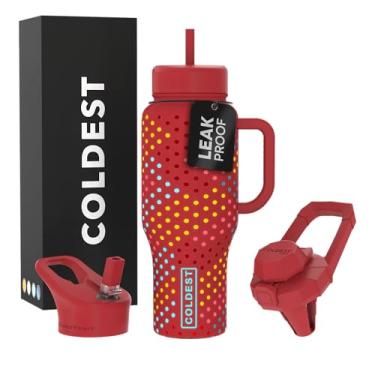 Imagem de Copo Coldest com alça e canudo - Copo isolado 100% à prova de vazamento com tampa e canudo (3 tampas) - Copos de aço inoxidável para mulheres e homens - Base compatível com porta-copos, 1,020 g (Ember