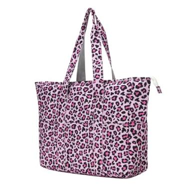 Imagem de Lovelinks21 Bolsa feminina grande com zíper, utilitária, trabalho, viagem, academia, praia, piquenique, férias, bolsa de ombro, Oncinha rosa, Large, Sacola