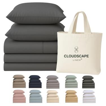 Imagem de CLOUDSCAPE LINEN Jogo de cama King dividido 100% algodão egípcio para cama ajustável, 5 peças, contagem de fios 400, qualidade hoteleira, macio, respirável e durável, bolsos profundos até 17, carvão
