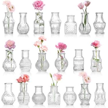 Imagem de Tebery Pacote com 20 vasos de vidro, vaso de flores pequeno transparente para centros de mesa, conjunto de mini vasos de vidro vintage para mesa, casamento, decoração de festa em casa
