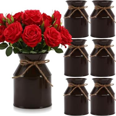 Imagem de Domensi Vaso de flores de metal para fazenda, 13 cm, rústico, galvanizado, para leite, baldes de flores, para mesa, outono, Halloween, casamento, casa, decoração de quarto (marrom, 6 peças)