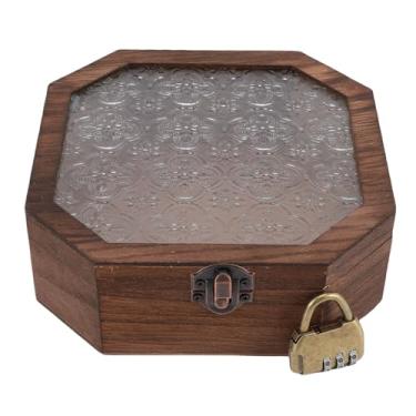 Imagem de Aramox Caixa de Armazenamento de Madeira Com Vidro de Jóias de Jóias de Madeira, Com Tampa de Vidro Com Padrões de Flores e Trava de Combinação, para Lembrança de Cosméticos de