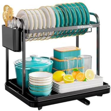 Imagem de KLEMING| Escorredor de Louças de Aço Carbono Inoxidável, Resistente à Ferrugem, Escorredor de Pratos, para Bancada de Cozinha com Bandeja Drenagem automática, Preto.