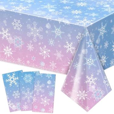 Imagem de Labeol Pacote com 3 toalhas de mesa de Natal, 274 x 137 cm, toalha de mesa azul e roxa de floco de neve, capa de mesa retangular descartável de plástico impermeável para decorações de Natal e artigos