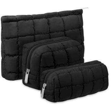 Imagem de Bolsa de cosméticos Huhumy Puffy acolchoada preta, 3 peças para mulher