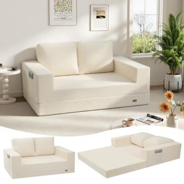 Imagem de COMAX Sofá-cama Queen conversível dobrável, sofá-cama dobrável, futon, colchão de veludo cotelê com almofadas traseiras, sofá desossado confortável para sala de estar, quarto, bege