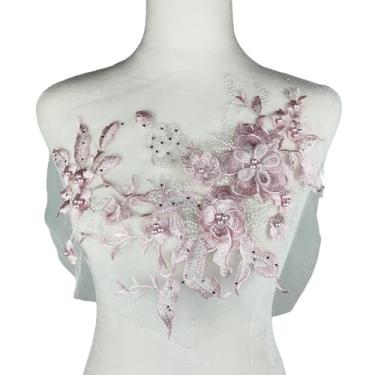 Imagem de Carytalee 1 peça de tecido de renda vintage bordado contas apliques remendos de acabamento para decoração de vestido de noiva de casamento faça você mesmo costura artesanato decoração de roupas, rosa