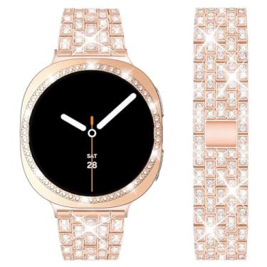 Imagem de DEALELE Pulseiras e capa compatíveis com Samsung Galaxy Watch 8 de 44 mm, pulseira de metal de strass brilhante com diamante, capa protetora de substituição para mulheres e homens (44 mm, ouro rosa)