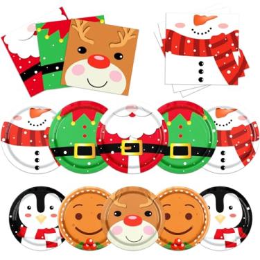 Imagem de Decoração de pratos de papel de Papai Noel, conjunto de utensílios de mesa com tema de festa de gengibre, pratos e guardanapos de festa de boneco de neve de Natal descartáveis para lembrancinhas de