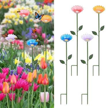 Imagem de hogardeck Decoração de jardim para exterior, 4 peças de estação de rega de abelha de metal de 65,5 cm, design de flores de copos de abelha com estacas, alimentador de borboletas, banho de pássaros