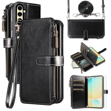 Imagem de Asuwish Capa de celular para Samsung Galaxy S24 FE 5G com protetor de tela de vidro temperado e cordão com zíper, porta-cartão, suporte, suporte, acessórios para celular S 24 EF AI S24FE 24S feminino