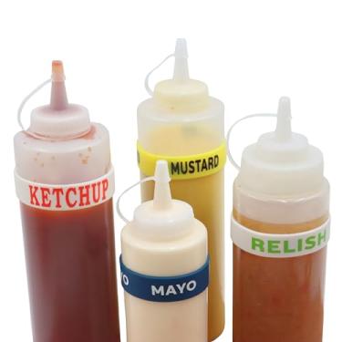 Imagem de Pacote de pulseiras de rotulagem Hotdog (pacote com 4) para garrafas de 16 a 680 g e 947 ml – maionese, mostarda, Relish (16 a 680 g), Ketchup (947 g) – Pulseiras de silicone reutilizáveis para