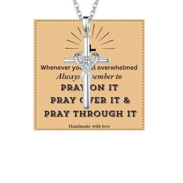 Imagem de UEUC Colar feminino de prata esterlina com cruz de zircônia e coração infinito, religioso, fé, para mulheres, joias, presentes, 45,7 cm + corrente de 5,8 cm, Cobre, Metal