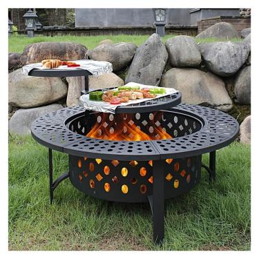 Imagem de Garden Supplies Pôquer a lenha ao ar livre com capa, capa à prova d'água, churrasqueira, mesa redonda de metal, 2 grelhas, aquecedor externo de 91 cm