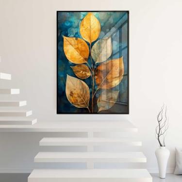 Imagem de Quadro Decorativo com Moldura e Acrilico Cristal Vidro Abstrato Planta Folhas Dourada Azul Verde Sala Quarto Hall