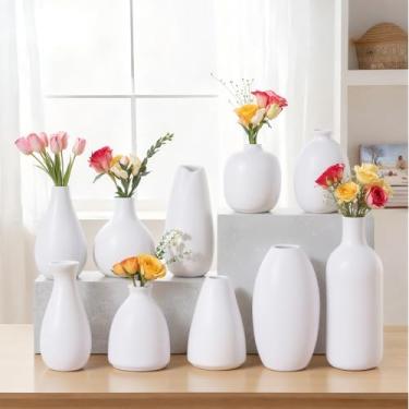 Imagem de Conjunto de 10 vasos pequenos de cerâmica branca, minivasos para flores e grama dos pampas, centros de mesa boho para festas/casamentos faça você mesmo/mesa de centro/decoração de balcão, quarto/sala