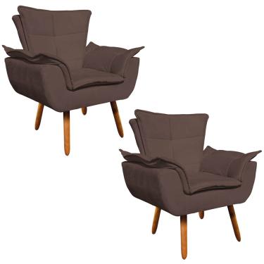 Imagem de Poltrona Sala de Estar Pé Palito de Madeira Kit 2 Opala Suede Marrom D03 - D'Rossi