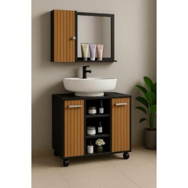 Imagem de Armário Para Banheiro Kit Completo Gabinete Para Pia De Coluna Com Rodízios + Espelheira Com Prateleira (PRETO/RIPADO)
