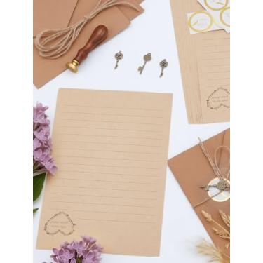 Imagem de 2 conjuntos de papelaria de papel retrô com envelopes (4 folhas de papel + 2 envelopes), papel kraft vintage retangular para convite de festa de casamento, envelope: 16 x 11 cm