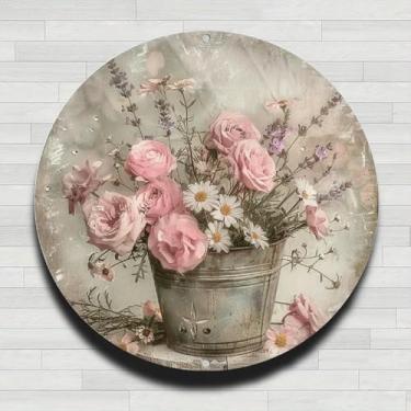 Imagem de Balde floral vintage rústico alumínio metal redondo placa de parede - 20 cm presentes e decoração para ambientes internos e externos para casa, escritório, café e quintal