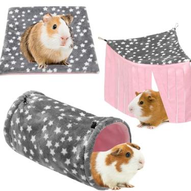Imagem de JVVGPET Esconderijo de porquinho-da-índia, pacote com 3 unidades de lã macia, tubo de túnel de animais pequenos, tapete e gaiola de esconderijo de canto para porquinhos-da-índia, coelho, furão