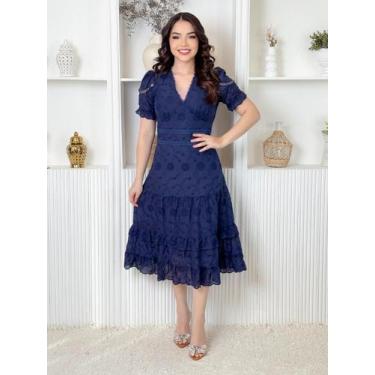 Imagem de Vestido Midi Lese Bordado Festa Madrinha com Manga Curta Sofisticado -