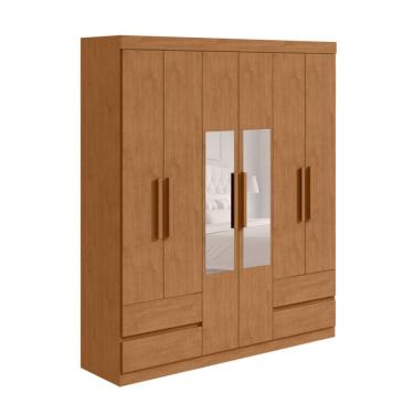 Imagem de Guarda-Roupa Casal com Espelho Zeus sem Pés 6 Portas 4 Gavetas Amêndoa