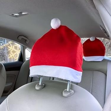Imagem de Capa de assento de carro de Natal, decoração de chapéu de Papai Noel, capas universais para assentos dianteiros para carros, fácil instalação, decorações festivas de Natal para festas de fim de ano e