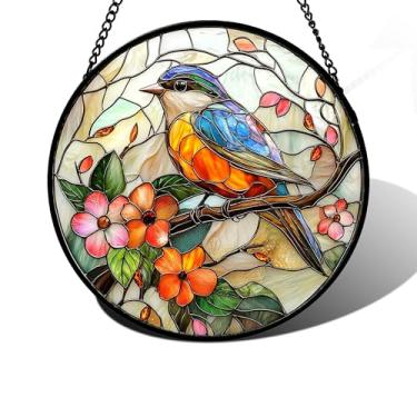 Imagem de DASTOLL Pendurado para janela de vitral, pássaro azul, flor rosa, apanhador de sol, painel de vidro de diamante, decoração de aniversário para mulheres, homens, esposa, tia e mãe, 19,8 cm