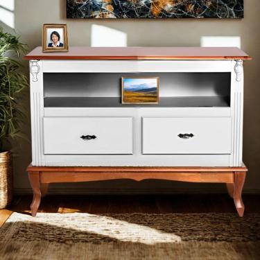 Imagem de Rack Para Tv 45 Polegadas 2 Gavetas Nicho E Pés Luiz Xv - Branco Laca Com Tampo E Base Imbuia Glazer