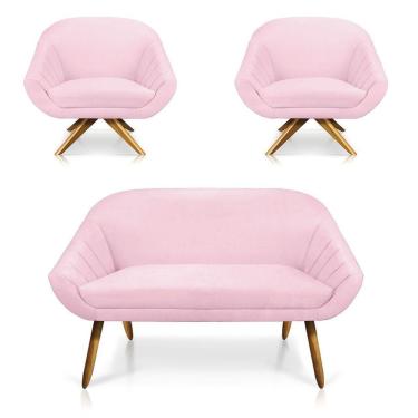 Imagem de Kit 01 Namoradeira 02 Lugares E 02 Poltronas Giovana Suede Rosa Bebê