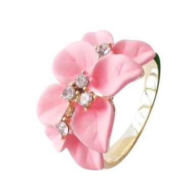 Imagem de Navachi Anel de flor de folhas de esmalte de cristal transparente banhado a ouro 18 k, 8, Zinco Esmalte, Cristal