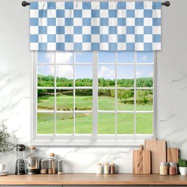 Imagem de Mitpok Cortinas de saia xadrez azul branca para quarto 132 x 45 cm de altura com bolso de haste abstrato Y2K anos 2000 anos 70 vintage bonito moderno hippie groovy estética 1 painel conjunto de