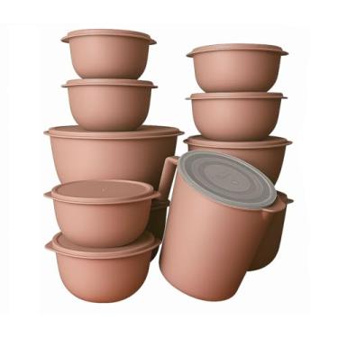 Imagem de Kit 10 Bowl Potes + Jarra 1,8L Cozinha Saladeira Pote Marmitas Plástico (Bege)