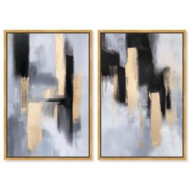 Imagem de Conjunto de 2 painéis abstratos de luxo dourado em tela azul da Art Remedy, moldura dourada, 50 x 76 cm