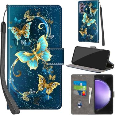 Imagem de Salanheo Capa carteira para Samsung Galaxy S23 FE 5G, com [3 compartimentos para cartões], fecho magnético com suporte, capa protetora de couro PU à prova de choque 16.3 cm, borboleta verde dourada