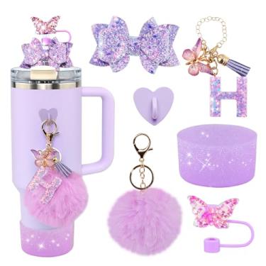 Imagem de Conjunto de 6 peças de acessórios de copo Stanley roxo - tampa de cobertura de palha de borboleta, laço brilhante para canudo, bota de silicone brilhante, pingente de letra e pompom para copos satnley