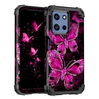 Imagem de Casetego Compatível com Moto G 5G 2025, brilha no escuro, três camadas, resistente, à prova de choque, proteção total, policarbonato rígido e resistente, capa amortecedora de TPU macio, preto/rosa