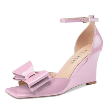 Imagem de Perisis Sandálias femininas de salto com laço aberto, bico quadrado, plataforma, sapatos femininos confortáveis e elegantes para mulheres, Patente rosa claro, 35