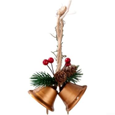 Imagem de Pingente de sino de Natal com pinha sintética, design de sino duplo, ornamento de ferro para decoração de árvore ou guirlanda, verde e vermelho
