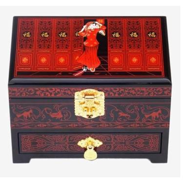 Imagem de Caixa de joias pintada à mão com trava de gavetas, espelho, armazenamento de joias de madeira estilo chinês de 3 camadas com antigo, presente de casamento (preto (xinliangguanmen), C 21 x L 14 x A 14