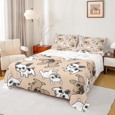 Imagem de Manfei Jogo de cama casal de buldogues franceses, cachorrinho, animal de estimação, fácil de lavar, desenho kawaii, para decoração de quarto de meninos e meninas, lençol marrom e branco (com elástico