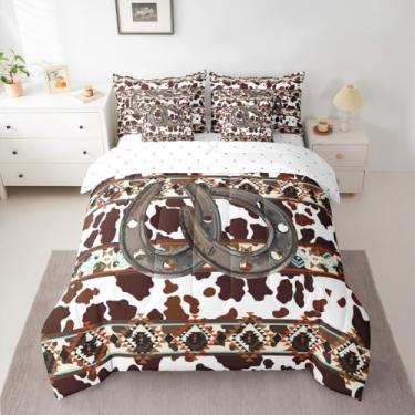Imagem de Feelyou Conjunto de edredom asteca ocidental com 7 peças, estampa de vaca, vintage, animal, retrô, boêmio, rústico, estilo casa de fazenda, decoração de quarto de ferradura, geométrico exótico