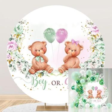 Imagem de Poliéster diâmetro 2,3 m pano de fundo para meninos ou meninas revelar urso fofo aquarela rústico floral balão fotografia fundos gravidez surpresa decoração festa adereços de cabine de fotos