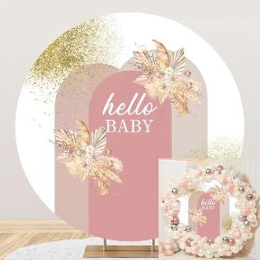 Imagem de Fundo redondo de poliéster com 2 metros de diâmetro Hello Baby, flores rosa, aquarela para chá de bebê, decoração boêmia e doce, faixa de festa infantil para chá de bebê, adereços de cabine de fotos