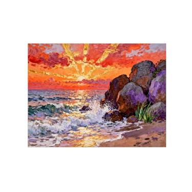 Imagem de Quadro raia em tela-Paisagem sol laranja mar-Arte moderna Pintura para sala de estar decoração casa 60x80cm Sem Moldura