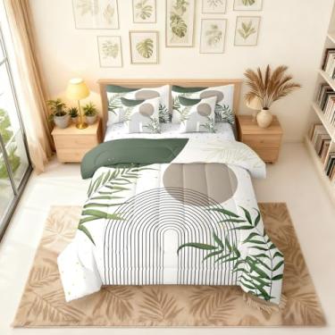 Imagem de Erosebridal Conjunto de cama King Boho Meados do Século 7 peças, conjunto de edredom geométrico abstrato com lençóis, boêmio moderno, minimalista, círculo, verde cinza, cama chique contemporânea em