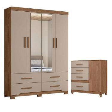 Imagem de Guarda Roupa Solteiro Miami E Cômoda Vênus Com Pés Carvalho Fendi – Moval